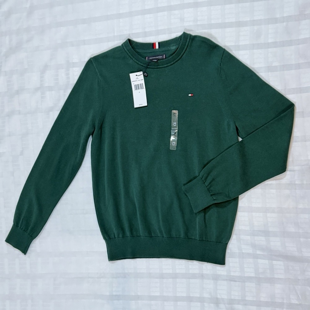 Tommy Hilfiger Crewneck Sweater Mens Medium Green New Cotton Logo XM04973